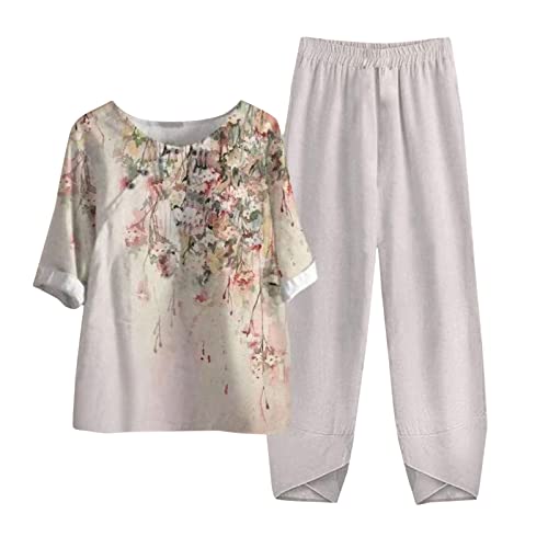 cinnamou Damen Leinenhose Leinenshirt Set Damen Sommer Baumwoll Hose T-Shirt Große Größe Sommerhose Sommerhemd Leichte Bequeme Weitem Bein 7/8 Lang Hosen - Tshirt mit Taste oder Blumen Druck von cinnamou