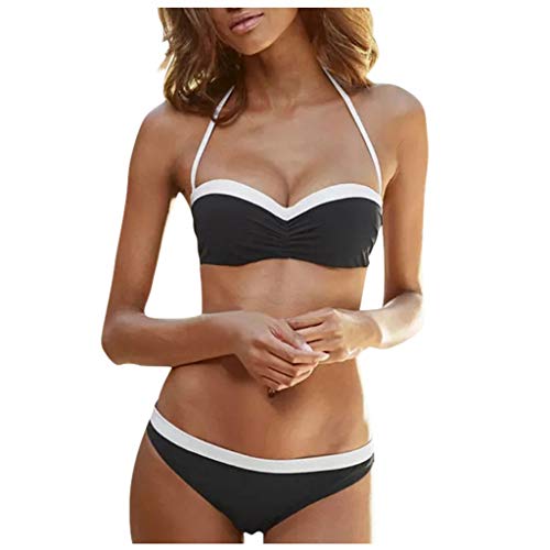 cinnamou Damen Schwarz Bikini Set Weißer Rand Push Up Bademode Neckholder V-Ausschnitt Badeanzug Zweiteiliger Bademode Bauchweg Strandbikini von cinnamou