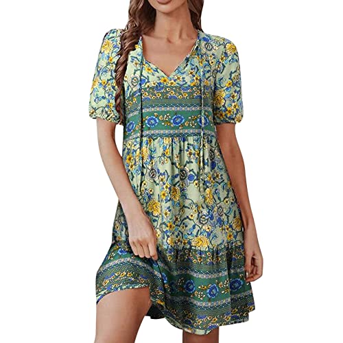 cinnamou Sommerkleid Damen Boho Kleid Strandkleid Tunika Kleid Knielang Beach Sommer Kleider Boho Blumen Strandkleider Minikleid Blumenkleid Kurz Freizeitkleid Summer Dress for Women von cinnamou