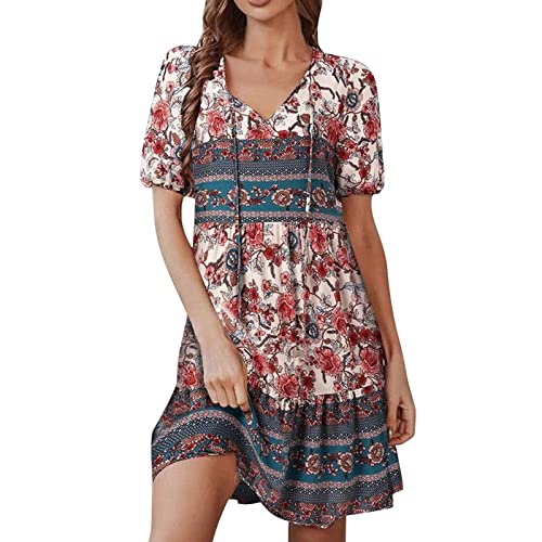 cinnamou Sommerkleid Damen Boho Kleid Strandkleid Tunika Kleid Knielang Beach Sommer Kleider Boho Blumen Strandkleider Minikleid Blumenkleid Kurz Freizeitkleid Summer Dress for Women von cinnamou