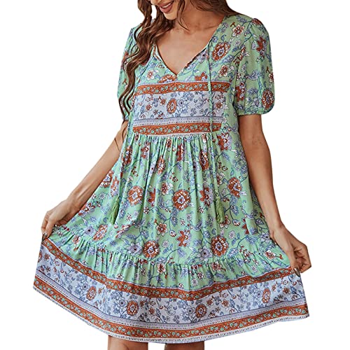 cinnamou Sommerkleid Damen Boho Kleid Strandkleid Tunika Kleid Knielang Beach Sommer Kleider Boho Blumen Strandkleider Minikleid Blumenkleid Kurz Freizeitkleid Summer Dress for Women von cinnamou