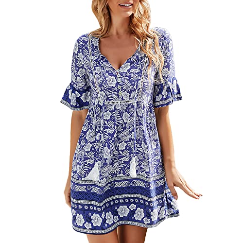 cinnamou Sommerkleid Damen Boho Kleid Strandkleid Tunika Kleid Knielang Beach Sommer Kleider Boho Blumen Strandkleider Minikleid Blumenkleid Kurz Freizeitkleid Summer Dress for Women von cinnamou