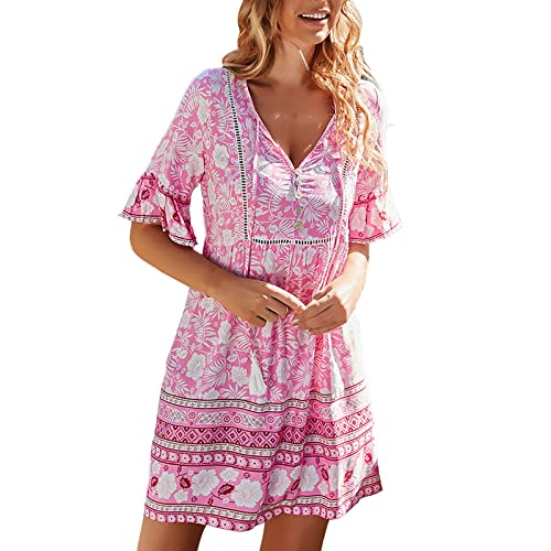 cinnamou Sommerkleid Damen Boho Kleid Strandkleid Tunika Kleid Knielang Beach Sommer Kleider Boho Blumen Strandkleider Minikleid Blumenkleid Kurz Freizeitkleid Summer Dress for Women von cinnamou