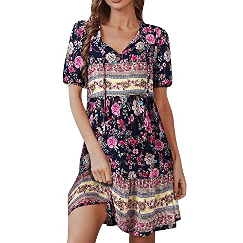 cinnamou Sommerkleid Damen Boho Kleid Strandkleid Tunika Kleid Knielang Beach Sommer Kleider Boho Blumen Strandkleider Minikleid Blumenkleid Kurz Freizeitkleid Summer Dress for Women von cinnamou