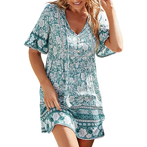 cinnamou Sommerkleid Damen Boho Kleid Strandkleid Tunika Kleid Knielang Beach Sommer Kleider Boho Blumen Strandkleider Minikleid Blumenkleid Kurz Freizeitkleid Summer Dress for Women von cinnamou