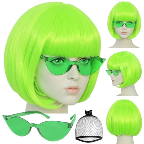Grüne Bob Perücken Bunte 3 Stück Lustige Perücken für Frauen Kostüm Party Perücke für St Patrick's Day Kurze Neon Grüne Perücke Cosplay Outfit Halloween Party +Sonnenbrille+clarahead Haarmütze von clarahead