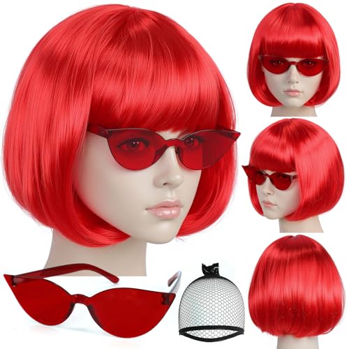 Kurze Rote Bob Perücke +Sonnenbrille 3Pcs Kurze Bob Perücke mit Pony Hellrot Cosplay Perücken für Frauen Kostüm Halloween Spaß Party Perücken für Frauen Pelucas De Mujer+ clarahead Haar Kappe von clarahead