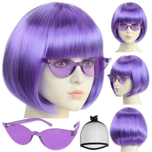 Lila Bob Perücke mit Pony 3 Stück Dunkellila Perücken für Frauen Kurzer Bob Perücke Shakira Lavendel Perücken Party für Cosplay Halloween Kostüm Peluca Morada Corta + Sonnenbrille +clarahead Haarmütze von clarahead