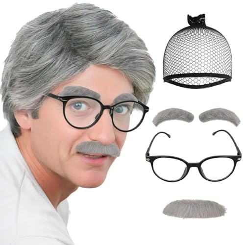 Perücke für alte Männer (2 Augenbrauen+1 Schnurrbart+1 Brille) 4-teiliges Set 100 Tage Schule Perücken Opa-Kostüm Kurze silbergraue Perücken für Männer für Kostüm-Halloween-Party + clarahead Haarkappe von clarahead
