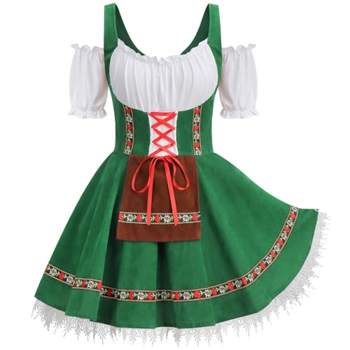 Dirndl Damen Midi,Trachtenkleid Damen für Oktoberfest Outfit Elegant Dirndl Schlicht Trachtenkleid Krüger Schulterfreies to Halloween Karneval Party Cosplay(Grün,M) von clasToonrain