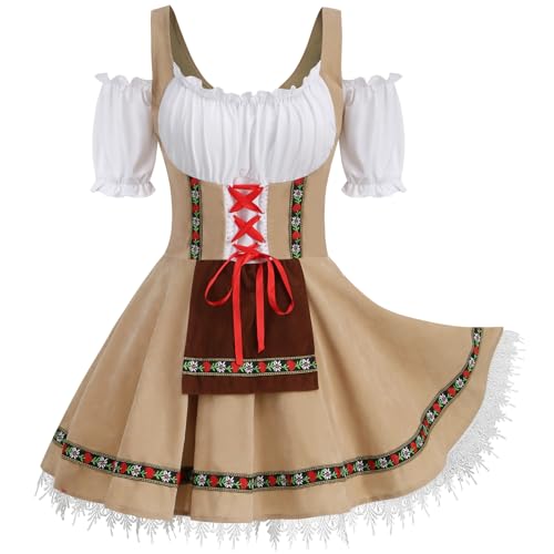 Dirndl Damen Midi,Trachtenkleid Damen für Oktoberfest Outfit Elegant Dirndl Schlicht Trachtenkleid Krüger Schulterfreies to Halloween Karneval Party Cosplay(Khaki,M) von clasToonrain