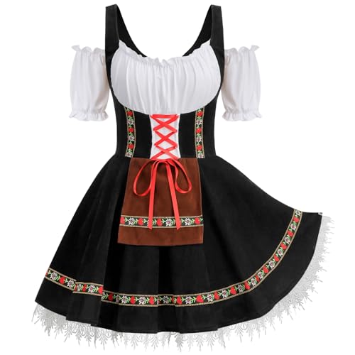 Dirndl Damen Midi Schwarz,Trachtenkleid Damen für Oktoberfest Outfit Elegant Dirndl Schlicht Trachtenkleid Krüger Schulterfreies to Halloween Karneval Party Cosplay(Schwarz,XL) von clasToonrain