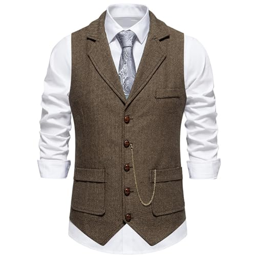 clasToonrain Klassische Herren Anzugweste V-Ausschnitt Herringknochen Tweed Weste Herren Elegant Regular Fit für Formale Business Party Hochzeit (Braun, XX-Large) von clasToonrain