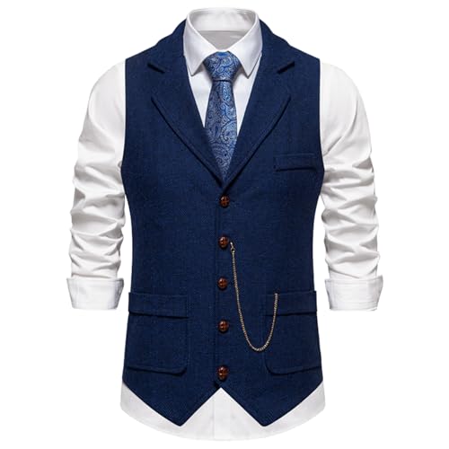 clasToonrain Klassische Herren Anzugweste V-Ausschnitt Herringknochen Tweed Weste Herren Elegant Regular Fit für Formale Business Party Hochzeit (Dunkelblau, XX-Large) von clasToonrain