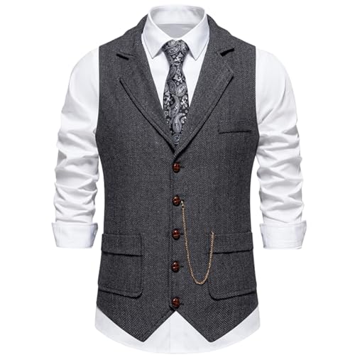 clasToonrain Klassische Herren Anzugweste V-Ausschnitt Herringknochen Tweed Weste Herren Elegant Regular Fit für Formale Business Party Hochzeit (Graue, Mittel) von clasToonrain