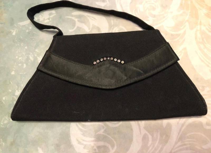 1950Er Jahre Vintage Schwarze Seide Abendtasche Mit Strass Griff von classicbrocante