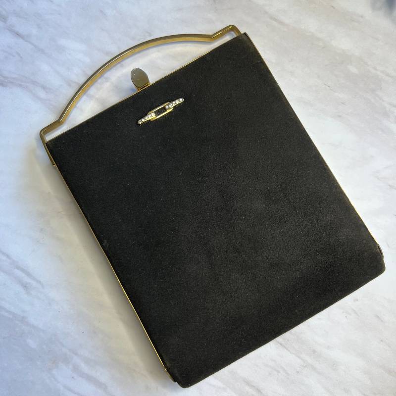 1950Er Jahre Schwarze Wildleder-Minaudiere Vintage Abendtasche Compact von classicbrocante