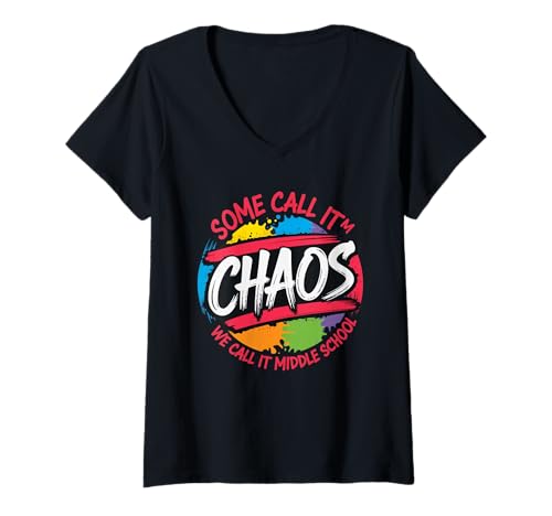 Damen Manche nennen es Chaos, wir nennen es Middle School Graffiti Seal T-Shirt mit V-Ausschnitt Damen Manche nennen es Chaos, wir nennen es Middle School Graffiti Seal T-Shirt mit V-Ausschnitt von classroom humor apparel