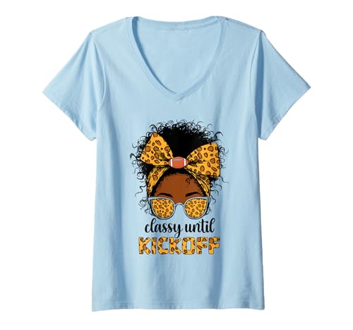 Damen Klassischer Fußball bis zum Anpfiff, schwarz, für Damen, unordentlicher Dutt, Leopardenmuster T-Shirt mit V-Ausschnitt Damen Klassischer Fußball bis zum Anpfiff, schwarz, für Damen, unordentlicher Dutt, Leopardenmuster T-Shirt mit V-Ausschnitt von classy until kickoff black women