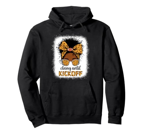 Klassischer Fußball bis zum Anpfiff, unordentlicher Bun Football für Schwarze Frauen, Mama Pullover Hoodie von classy until kickoff messy bun leopard