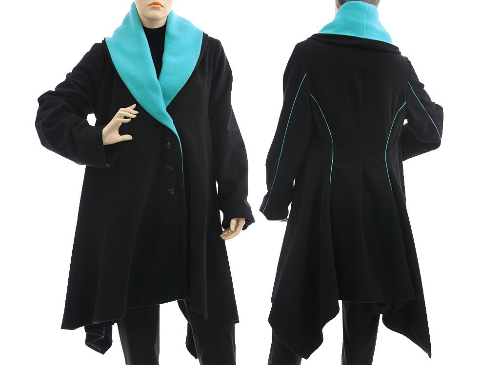 Black Teal Fall Winter Wool Coat, Warm Stylish Lined Black Asymmetrical Coat Small To Misses Size De S-M, Us 8-12 von classydress