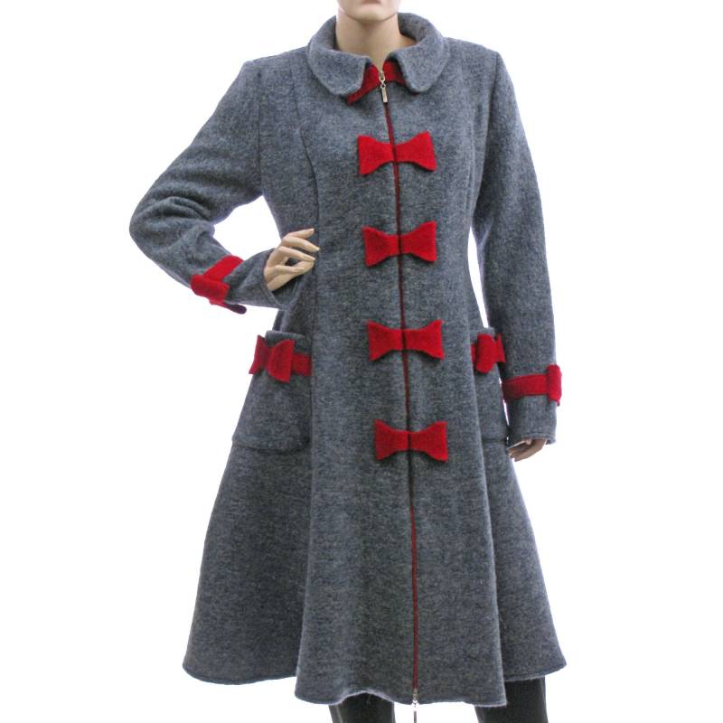 Blue Grey Rockabilly Wool Coat With Red Bows, Blue Fall Winter Boiled Coat, Small To Misses Size, De S-M, Us Size 6-10 von classydress