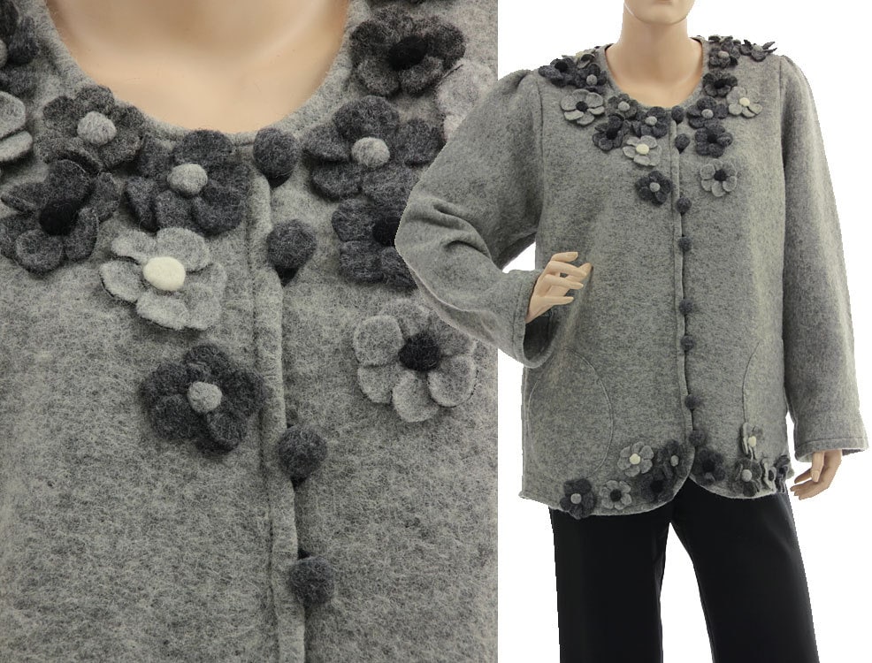Cute Grey Wool Jacket Coat With Hand Made Flowers, Boiled Coat, Misses To Plus Size De M-L, Us 10-14 Cute Grey Wool Jacket Coat With Hand Made Flowers, Boiled Coat, Misses To Plus Size De M-L, Us 10-14 von classydress