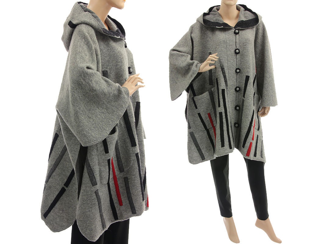 Grey Boho Hooded Poncho Cape, Boiled Wool Spring Fall Winter Poncho, Womens Cape Small To Plus Size S-xxxl, Us 8-24 von classydress