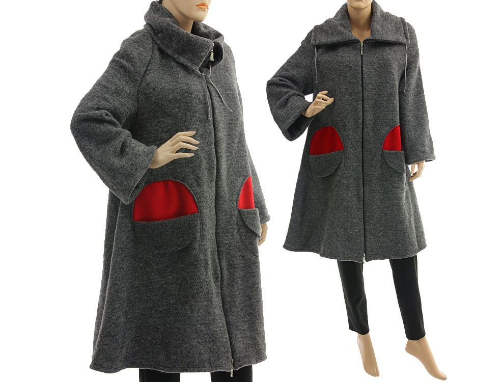 Grey Red Wool Coat, Boiled Fall Winter Loose A-Line Grey Coat With Zipper, Small To Plus Size S-L, Us 8-14 von classydress