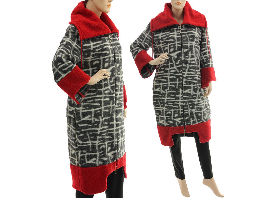 Grey White Red Womens Wool Coat, Fall Winter Boiled Warm Coat With Zipper, Medium To Plus Size De M-L, Us 10-14 Grey White Red Womens Wool Coat, Fall Winter Boiled Warm Coat With Zipper, Medium To Plus Size De M-L, Us 10-14 von classydress