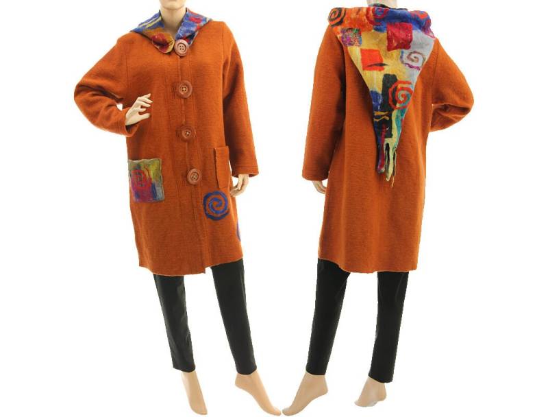 Hooded Wool Coat in Rust, Fall Winter Rust Boiled With Felt Hood, & Small To Medium Size De S-M, Us 8-12 von classydress