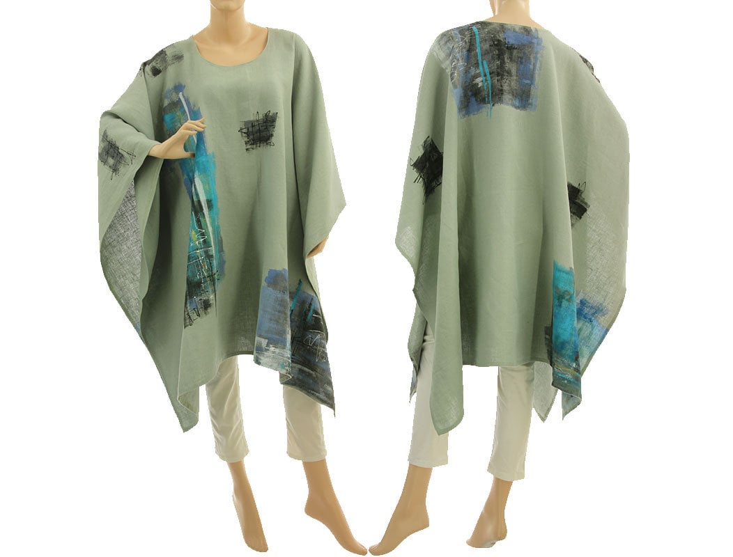 Mint Green Linen Poncho Cape Hand Painted, Cover Up, Art To Wear Small Plus Size S-xxl, Us 6-22 von classydress