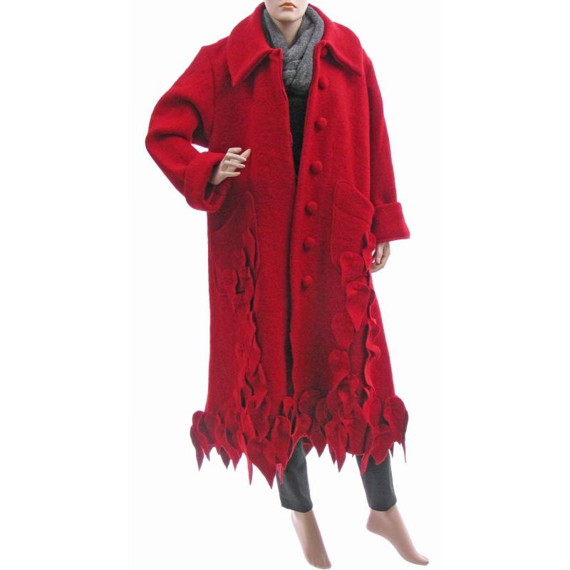 Red Fall Winter Wool Coat, Long Plus Size Red Coat With Leaves, Oversized Boiled De L-xl, Us 16-20 Red Fall Winter Wool Coat, Long Plus Size Red Coat With Leaves, Oversized Boiled De L-xl, Us 16-20 von classydress