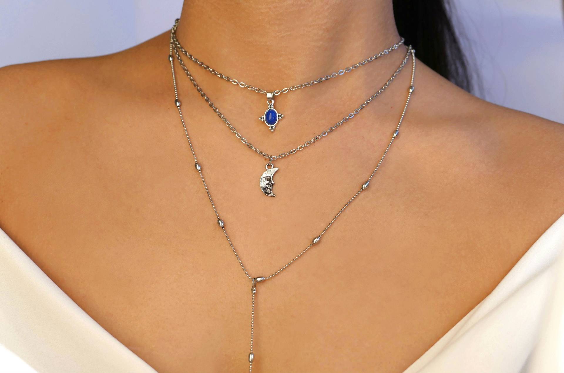 Blau Celestial Layered Lariat Silber Halbmond Mit Charm Dreifach Layer Set Halskette von clemenco