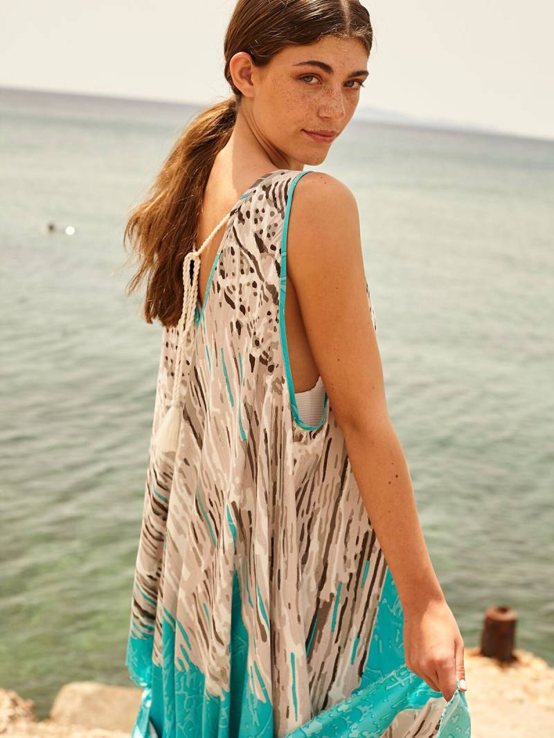 Ärmelloses Pareo Kleid, Strandkleid, Sommer Cover Up Mit Rückenbinde Verschluss "Macrame Turquoise" von cleogatzeli