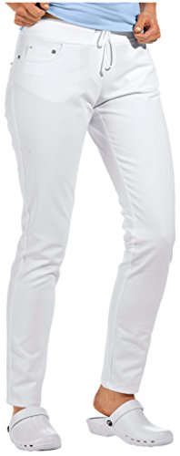 clinicfashion 10613024 Slim Stretch Jeans Hose Damen weiß, elastisches Rippstrickbündchen mit Kordeltunnelzug, Normallänge, Baumwolle, Größe 38 von clinicfashion