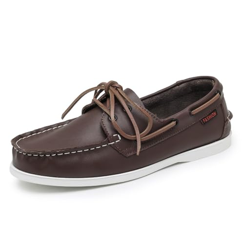 Herren Damen Bootsschuhe Leder Boat&Deck Schuhe Classic Segelschuhe Freizeitlederschuhe Große Größen 46 47 für Freizeit und Business Elegante Herrenschuhe (45,Braun Weiß) von clofab