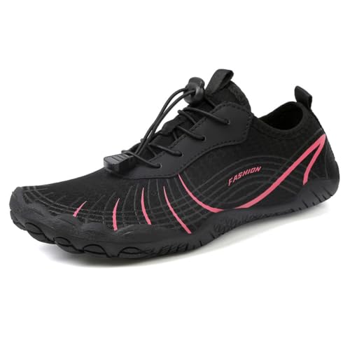 clofab Barfußschuhe Damen Herren Wasserschuhe Unisex Traillaufschuhe Schnell Trocknend Wassersportschuhe Tauchen Strand Surfen Schwimmen Aqua Wandern Yoga (1#Schwarz Rosa,36) von clofab