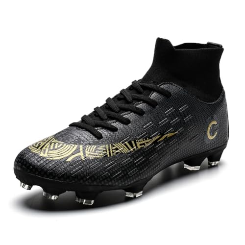 clofab Fussballschuhe Herren Damen Kunstrasen Turf Fußballschuhe Jugend Hallenschuhe Ground Outdoor Sportschuhe Für AG FG TF Fußball Trainingsschuhe (Schwarz Goldene/AG,44) von clofab