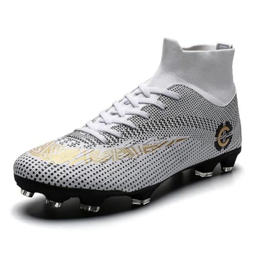 clofab Fussballschuhe Herren Damen Kunstrasen Turf Fußballschuhe Jugend Hallenschuhe Ground Outdoor Sportschuhe Für AG FG TF Fußball Trainingsschuhe (Weiß Goldene/AG,45) von clofab