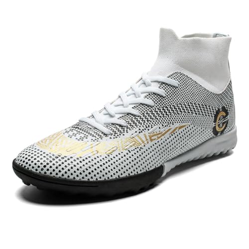 clofab Fussballschuhe Herren Damen Kunstrasen Turf Fußballschuhe Jugend Hallenschuhe Ground Outdoor Sportschuhe Für AG FG TF Fußball Trainingsschuhe (Weiß Goldene/TF,39) von clofab