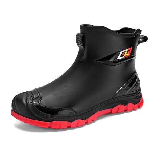 clofab Gummistiefel Herren Damen rutschfest Gummischuhe Regenschuhe Kurze Halbhoch Stylische Boots Wasserdicht Outdoor Angelstiefel Bequem Gartenstiefel Rutschiger Boden Regenstiefel (schwarz rot,42) von clofab