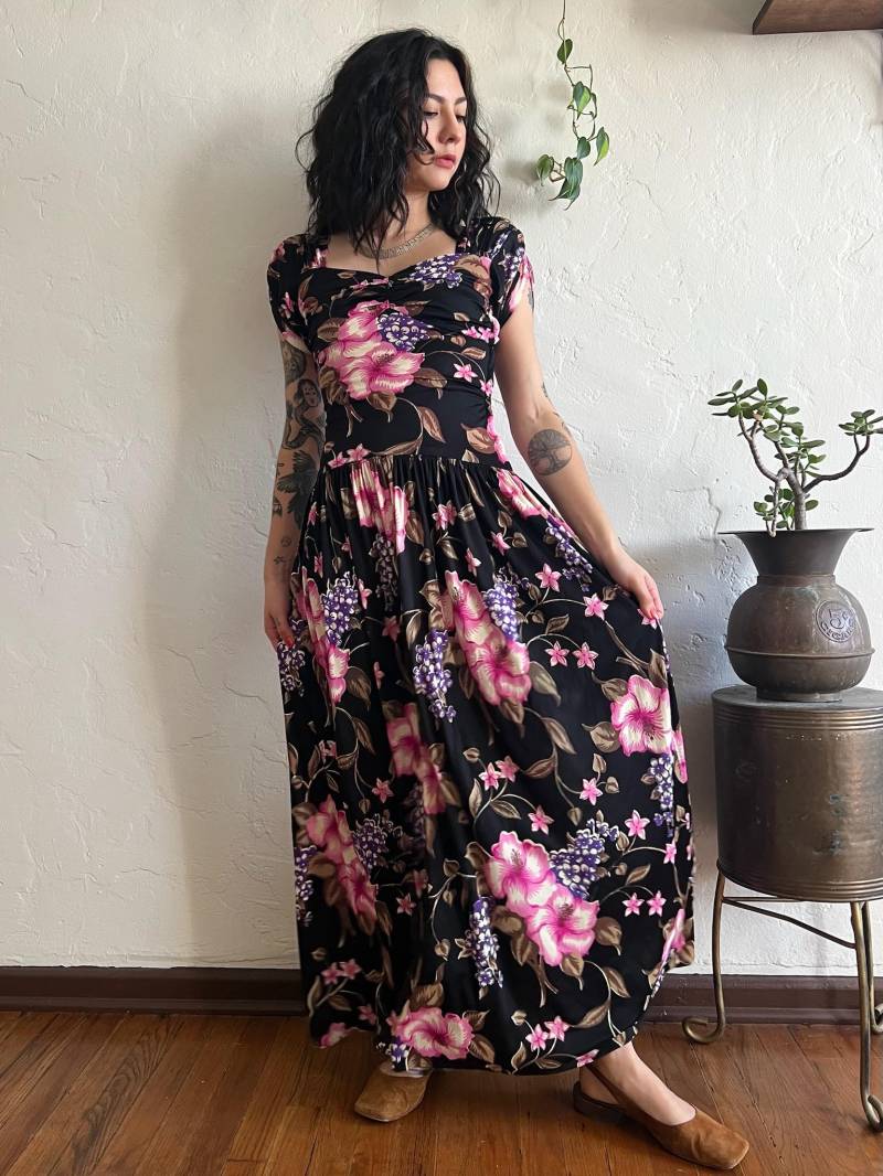1940Er Jahre Jersey Kleid/Old Hollywood Floral On Inky Black Print Vierziger Starlet Abendgarderobe Hochzeitsfeier Jahrestag von closetcaseVNTG