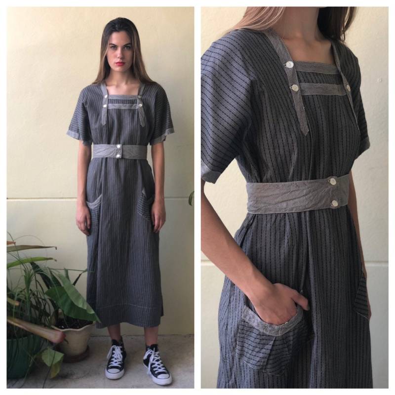 Antikes Chore Kleid/1910 Baumwoll Arbeitskleidung Graues Kattun Mit Muster Original Jugendkleidung Jugendstil von closetcaseVNTG