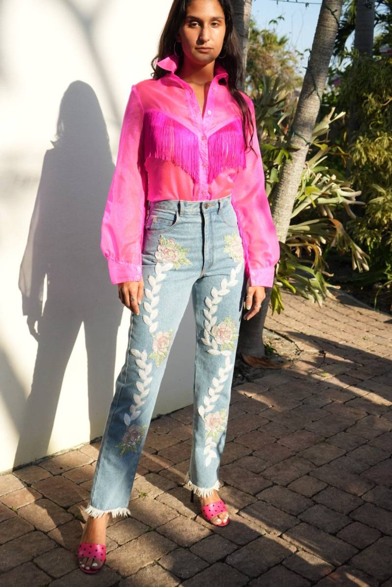Y2K Vintage Jeans/Perlen Verzierte Mit Blumenmuster Neunziger Jahre in Hellblauer Waschung High Waist Geradem Bein von closetcaseVNTG