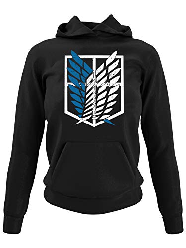 clothinx AOT Scouting Legion 2-Farb Variante Anime und Manga Design mit Titan Aufklärungstrupp Wappen-Schild Perfekt für Cosplay Fans und die nächste Convention Damen Kapuzen-Pullover Schwarz Gr. L von clothinx