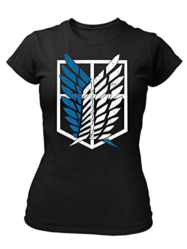 clothinx AOT Scouting Legion 2-Farb Variante Anime und Manga Design mit Titan Aufklärungstrupp Wappen-Schild Perfekt für Cosplay Fans und die nächste Convention Damen T-Shirt Fit Schwarz Gr. XL von clothinx