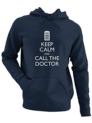 clothinx Keep Calm and Call The Doctor | Serien Zeitreise Text-Design Mit Notruf-Zelle | Perfekt Für Begleiter und Fans des Doktors Herren Kapuzen-Pullover Navy Gr. L von clothinx