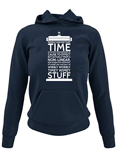 clothinx Wibbly Wobbly Timey Wimey Stuff | Time Stuff Serien Zeitreise Text-Design in Form Einer Notruf-Zelle | Perfekt Für Begleiter und Fans des Doktors Damen Kapuzen-Pullover Navy Gr. XL von clothinx