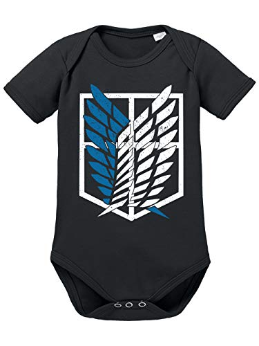 clothinx AOT Scouting Legion 2-Farb Variante Anime und Manga Design mit Titan Aufklärungstrupp Wappen-Schild Perfekt für Cosplay Fans und die nächste Convention Baby-Body Bio Schwarz Gr. 74-80 von clothinx